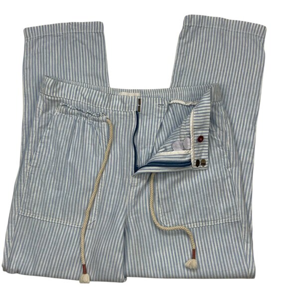By Anthropologie Seashore Striped Pants M Blue Linen Blend High Rise Drawstring - Picture 3 of 12